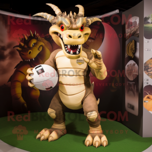 Tan Dragon mascot costume character dressed with a Rugby Shirt and Rings