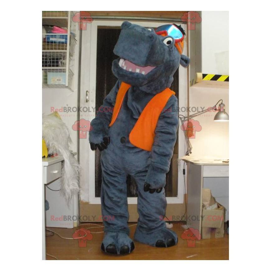 Maskot šedý hroch s kloboukem a lyžařskou maskou - Maskot šedý hroch s kloboukem a lyžařskou maskou -