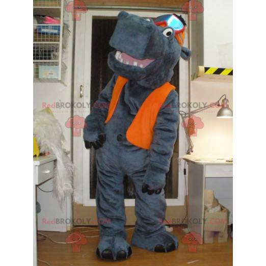 Maskottchen graues Nilpferd mit Hut und Skimaske -