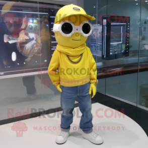 Yellow Gyro mascot costume character dressed with a Bootcut Jeans and Bracelet watches