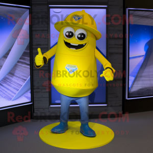 Yellow Gyro mascot costume character dressed with a Bootcut Jeans and Bracelet watches