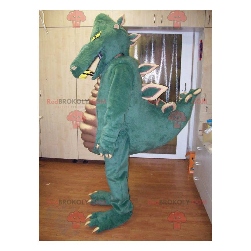 Mascote de dinossauro verde muito impressionante e bem-sucedido