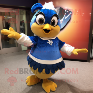 Gold Blue Jay mascot costume character dressed with a Mini Skirt and Mittens
