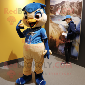 Gold Blue Jay mascot costume character dressed with a Mini Skirt and Mittens