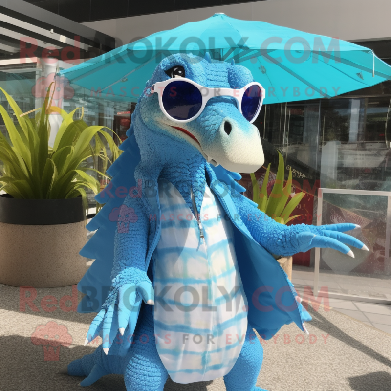 Sky Blue Spinosaurus mascot costume character dressed with a Cover-up and Sunglasses