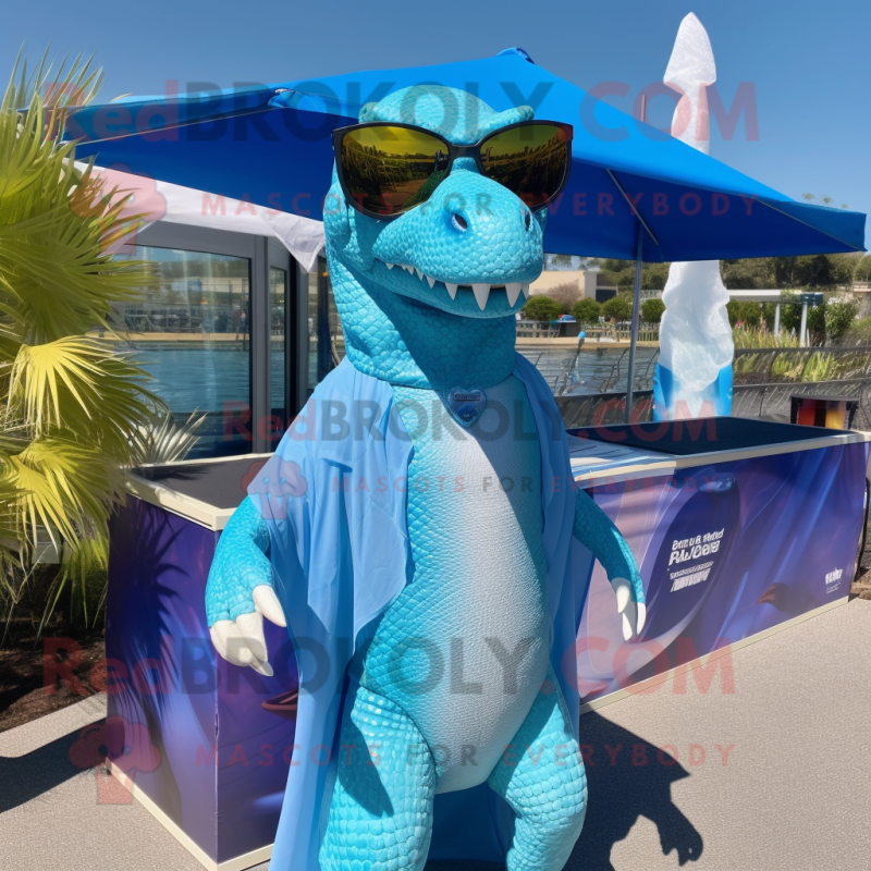 Sky Blue Spinosaurus mascot costume character dressed with a Cover-up and Sunglasses