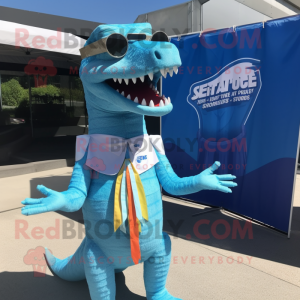Sky Blue Spinosaurus mascot costume character dressed with a Cover-up and Sunglasses