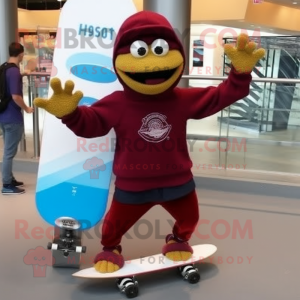 Maroon Skateboard mascot costume character dressed with a Turtleneck and Backpacks