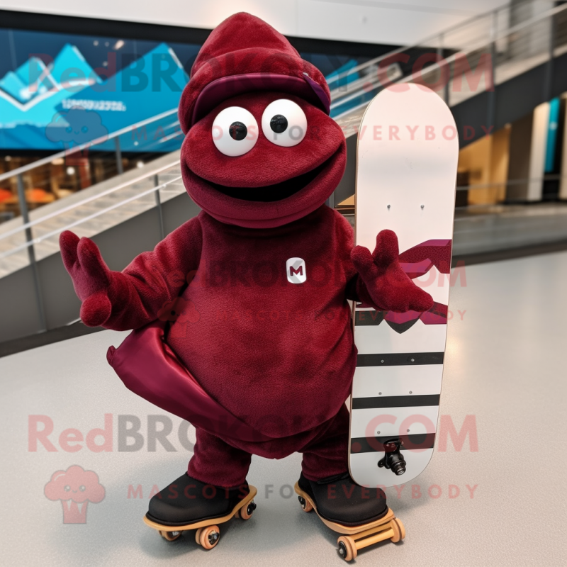 Maroon Skateboard mascot costume character dressed with a Turtleneck and Backpacks