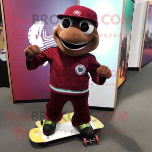 Maroon Skateboard mascot costume character dressed with a Turtleneck and Backpacks