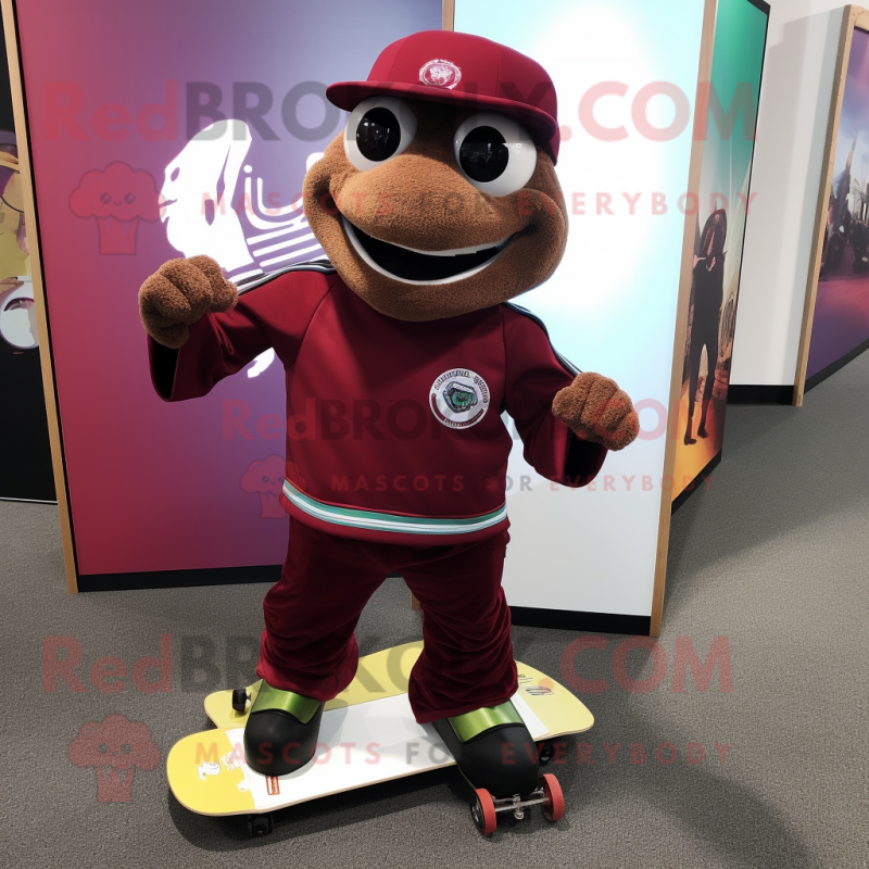 Maroon Skateboard mascot costume character dressed with a Turtleneck and Backpacks Maroon Skateboard mascot costume character dressed with a Turtleneck and Backpacks
