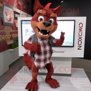 Maroon Chupacabra mascot costume character dressed with a Flannel Shirt and Smartwatches