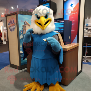 Blue Bald Eagle mascot costume character dressed with a A-Line Skirt and Mittens