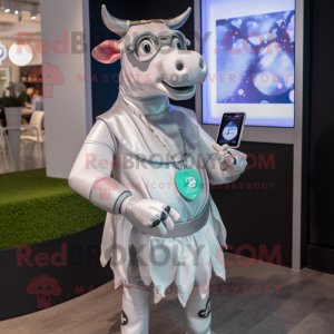 Silver Guernsey Cow mascot costume character dressed with a Dress and Smartwatches