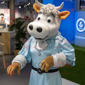 Silver Guernsey Cow mascot costume character dressed with a Dress and Smartwatches