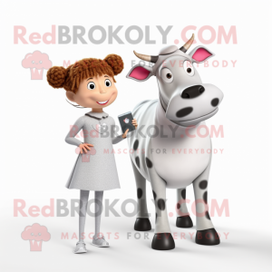 Silver Guernsey Cow mascot costume character dressed with a Dress and Smartwatches