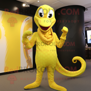 Yellow Python mascot costume character dressed with a Suit Pants and Rings