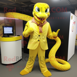 Yellow Python mascot costume character dressed with a Suit Pants and Rings