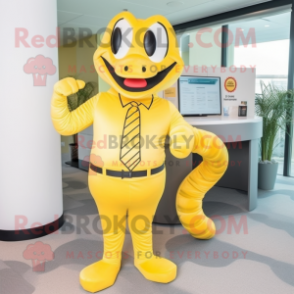 Yellow Python mascot costume character dressed with a Suit Pants and Rings