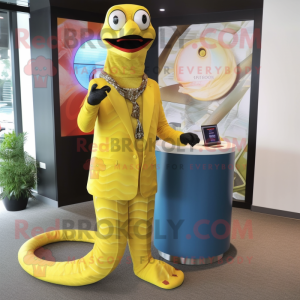 Yellow Python mascot costume character dressed with a Suit Pants and Rings