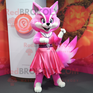 Pink Fox mascot costume character dressed with a Pleated Skirt and Rings