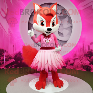Pink Fox mascot costume character dressed with a Pleated Skirt and Rings
