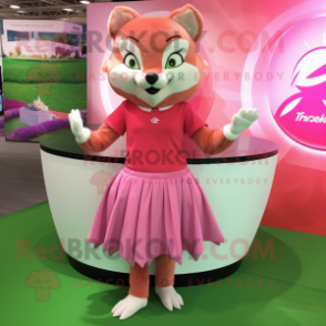 Pink Fox mascot costume character dressed with a Pleated Skirt and Rings