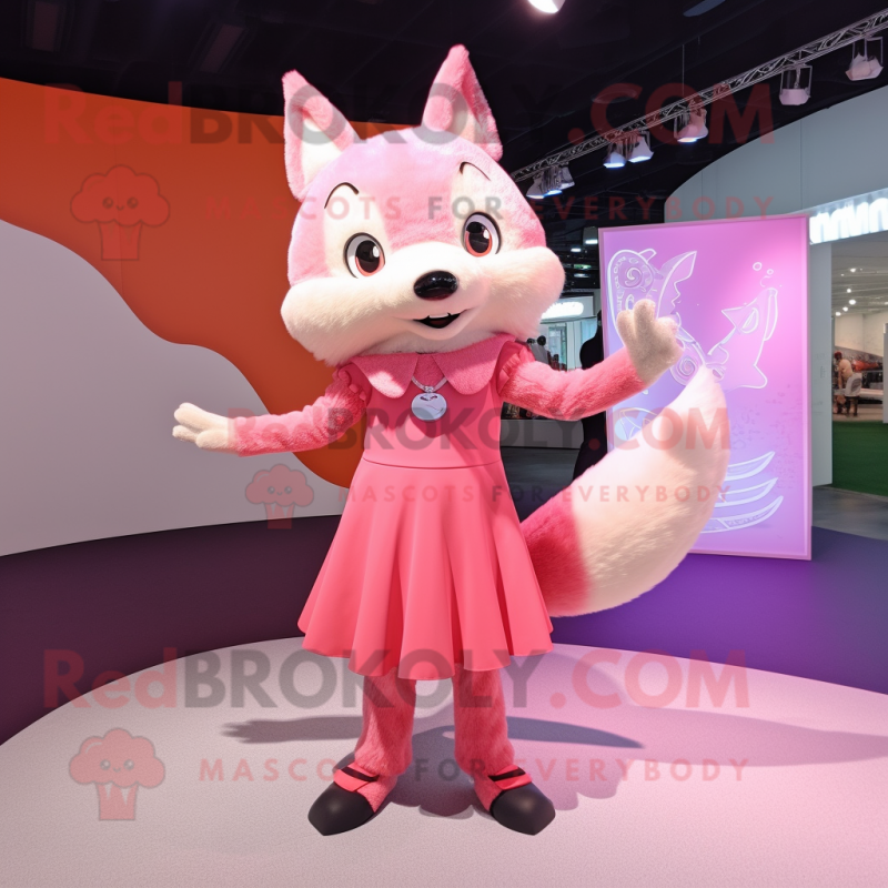 Pink Fox mascot costume character dressed with a Pleated Skirt and Rings