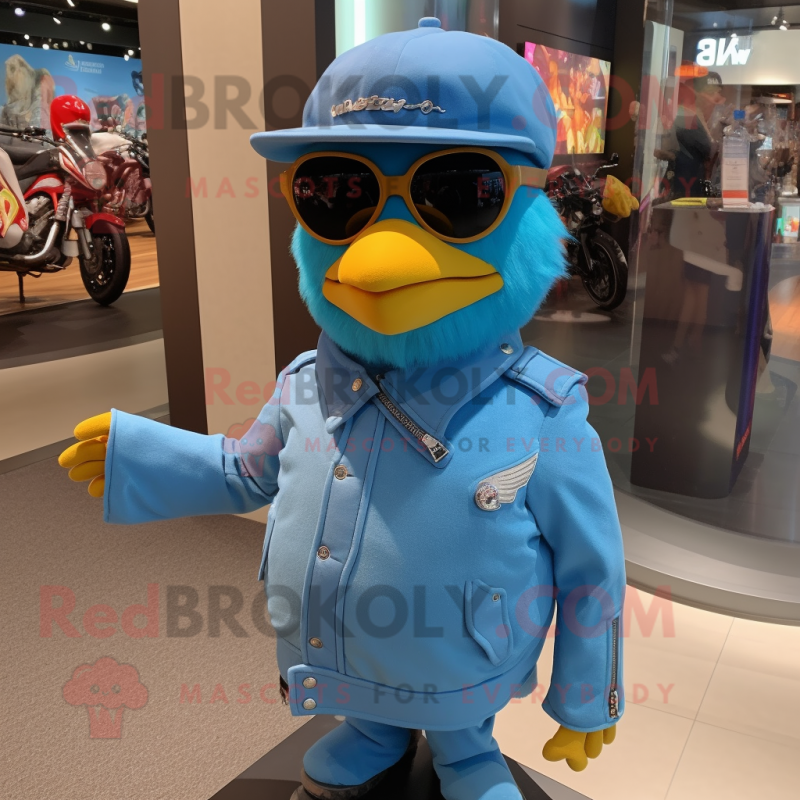 Sky Blue Canary mascot costume character dressed with a Moto Jacket and Hat pins