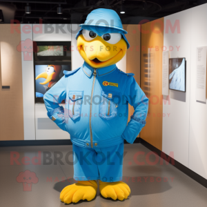 Sky Blue Canary mascot costume character dressed with a Moto Jacket and Hat pins