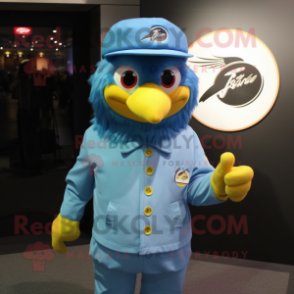 Sky Blue Canary mascot costume character dressed with a Moto Jacket and Hat pins