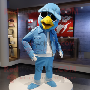 Sky Blue Canary mascot costume character dressed with a Moto Jacket and Hat pins