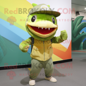 Olive Shark mascot costume character dressed with a Flare Jeans and Beanies