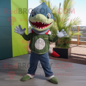 Olive Shark mascot costume character dressed with a Flare Jeans and Beanies