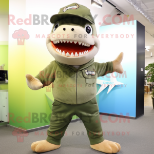 Olive Shark mascot costume character dressed with a Flare Jeans and Beanies