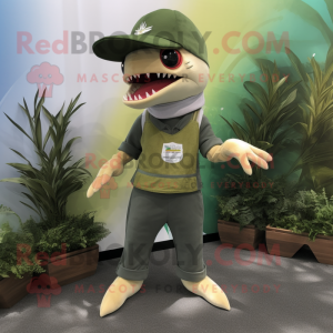 Olive Shark mascot costume character dressed with a Flare Jeans and Beanies