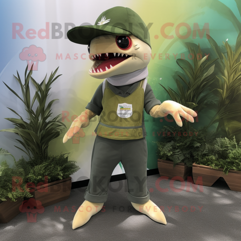 Olive Shark mascot costume character dressed with a Flare Jeans and Beanies Olive Shark mascot costume character dressed with a Flare Jeans and Beanies
