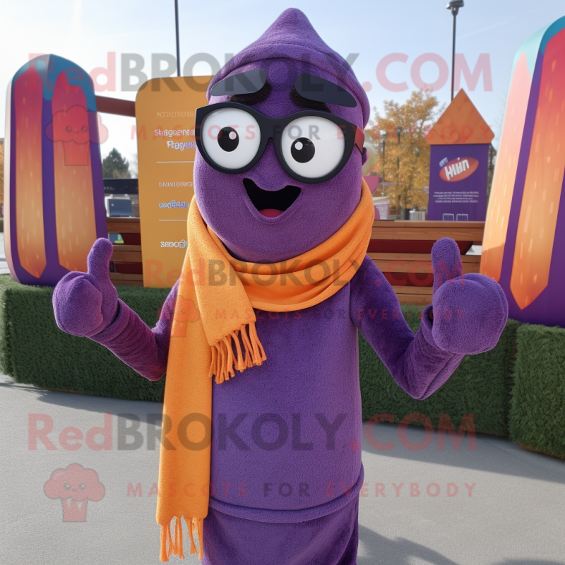 Purple Tikka Masala mascot costume character dressed with a Sweater and Sunglasses Purple Tikka Masala mascot costume character dressed with a Sweater and Sunglasses