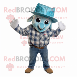 Cyan Manta Ray mascot costume character dressed with a Flannel Shirt and Hats