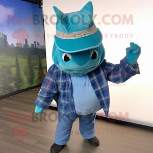 Cyan Manta Ray mascot costume character dressed with a Flannel Shirt and Hats