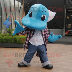 Cyan Manta Ray mascot costume character dressed with a Flannel Shirt and Hats