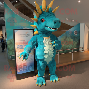 Turquoise Stegosaurus mascot costume character dressed with a Shorts and Ties