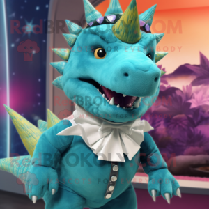 Turquoise Stegosaurus mascot costume character dressed with a Shorts and Ties