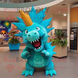 Turquoise Stegosaurus mascot costume character dressed with a Shorts and Ties