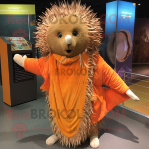 Orange Porcupine mascot costume character dressed with a Wrap Dress and Shawl pins