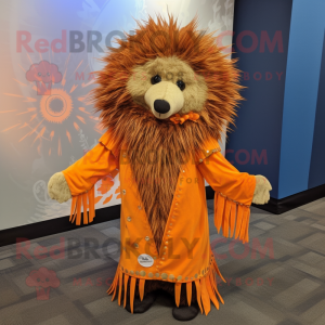 Orange Porcupine mascot costume character dressed with a Wrap Dress and Shawl pins