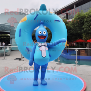 Sky Blue Donut mascot costume character dressed with a One-Piece Swimsuit and Bow ties