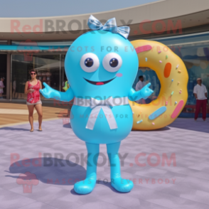 Sky Blue Donut mascot costume character dressed with a One-Piece Swimsuit and Bow ties