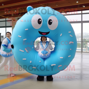 Sky Blue Donut mascot costume character dressed with a One-Piece Swimsuit and Bow ties