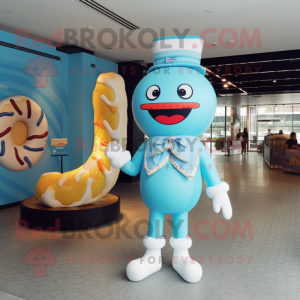 Sky Blue Donut mascot costume character dressed with a One-Piece Swimsuit and Bow ties